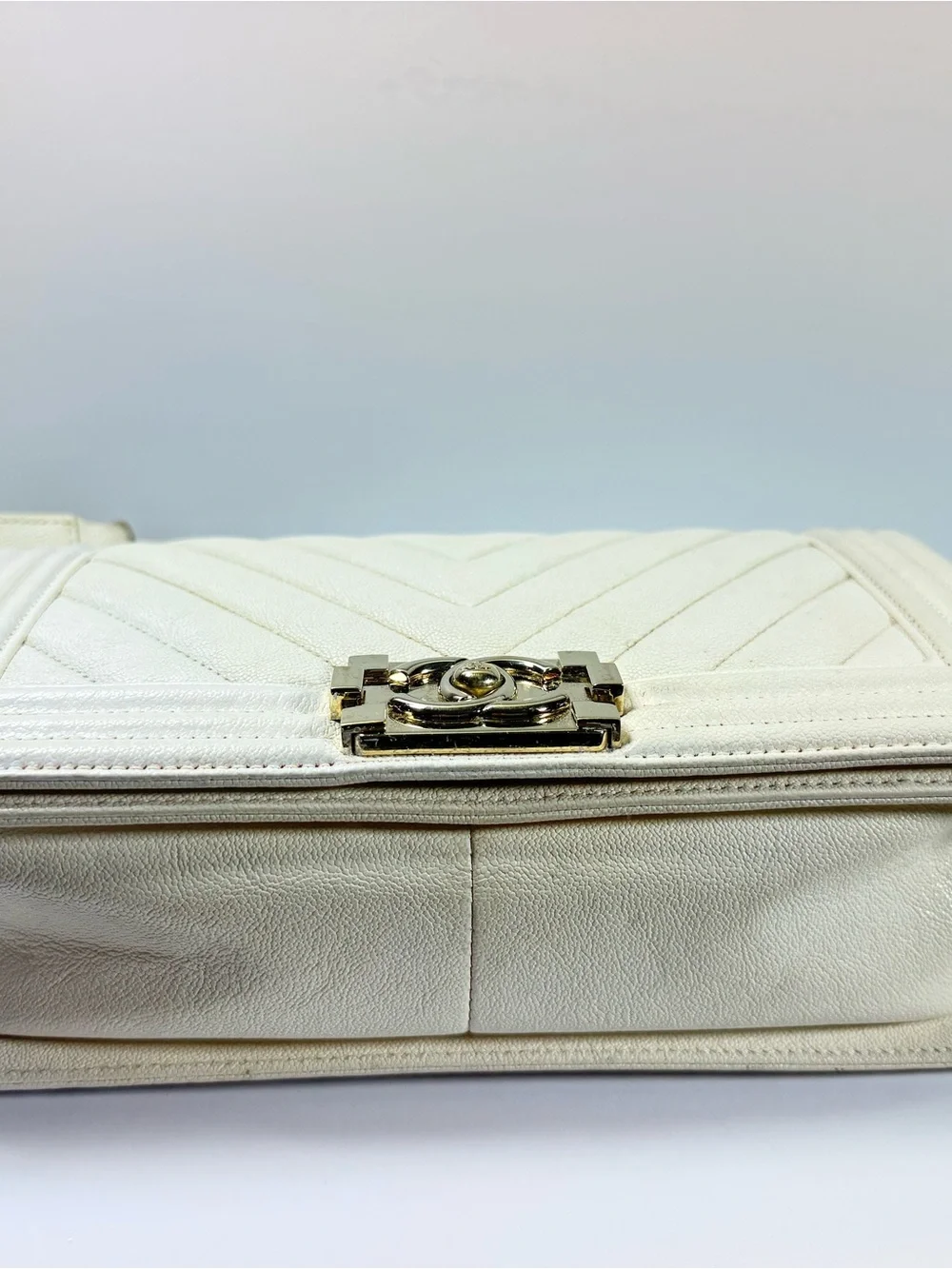 CHANEL MEDIUM cream Chevron Quilted Boy Crossbody with Gold Hardware in Caviar